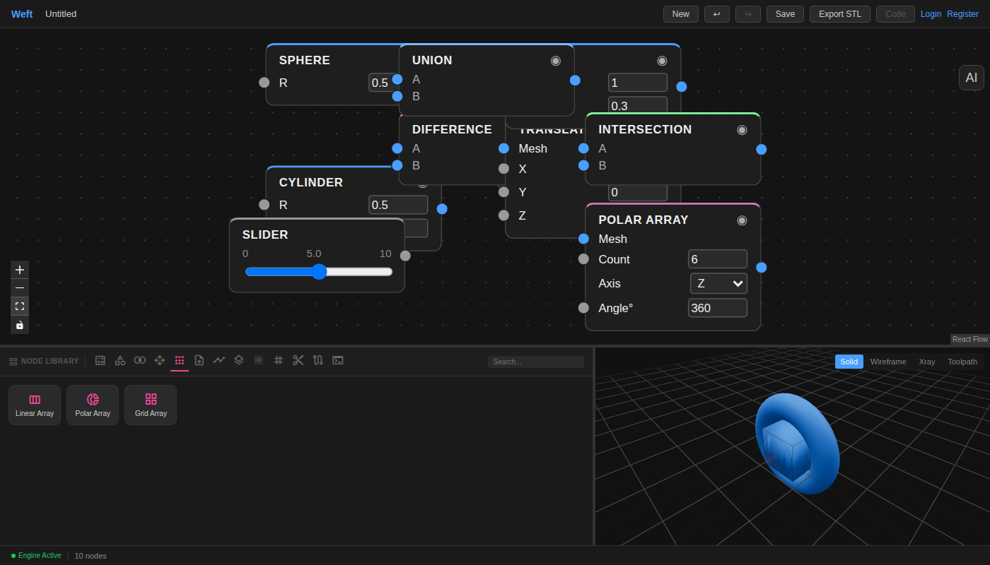 Weft node editor showing a parametric design graph connected to a 3D viewport